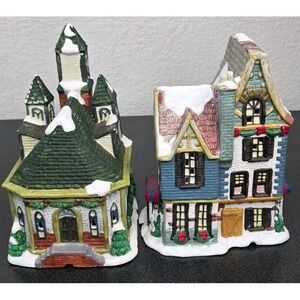 2pc CHRISTMAS VILLAGE PORCELAIN SNOW CHURCH Bakery HOUSE Decor Holiday Town